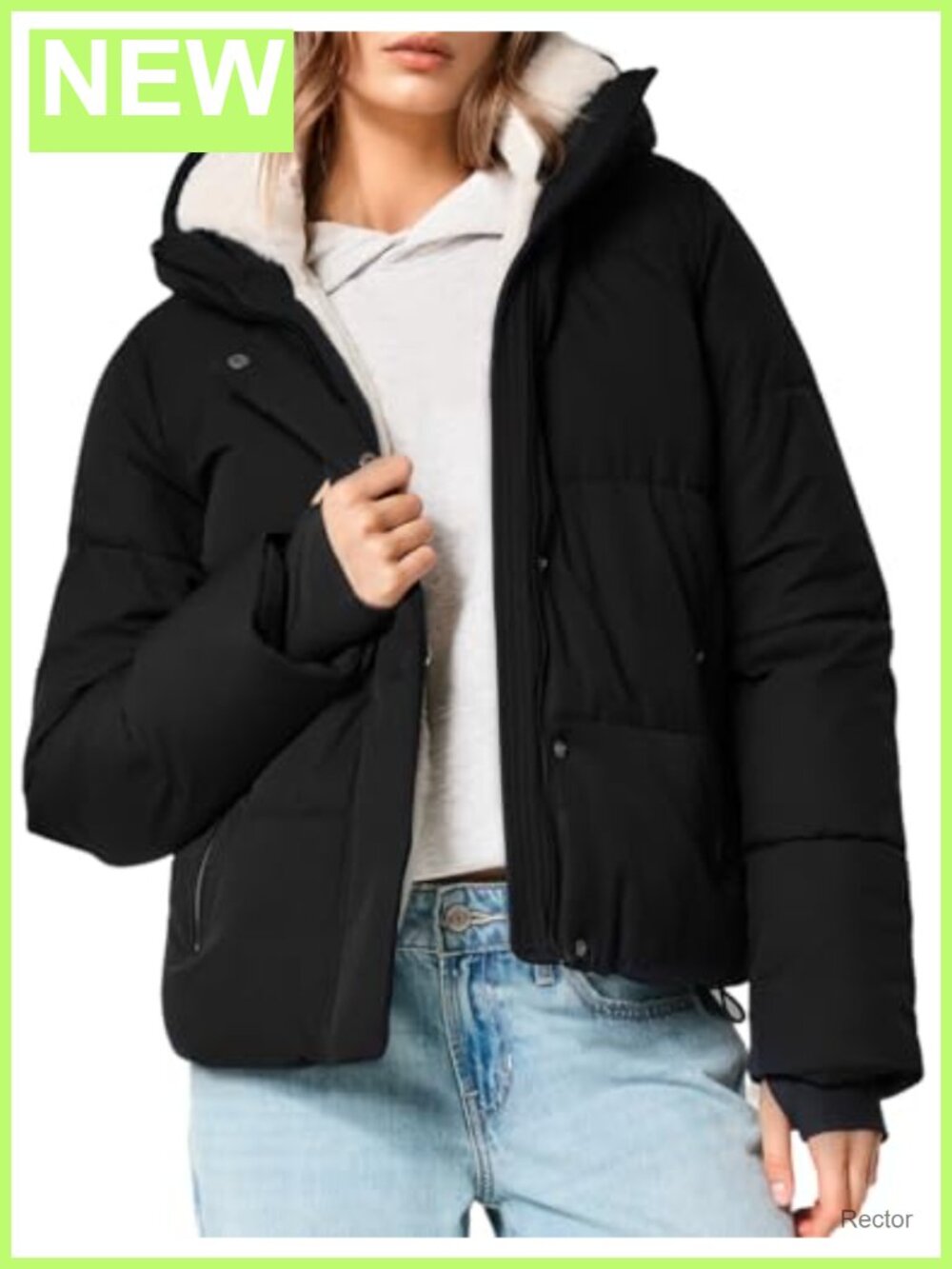Cropped Puffer Jacket Sherpa Fleece Lined Hooded Winter Coat